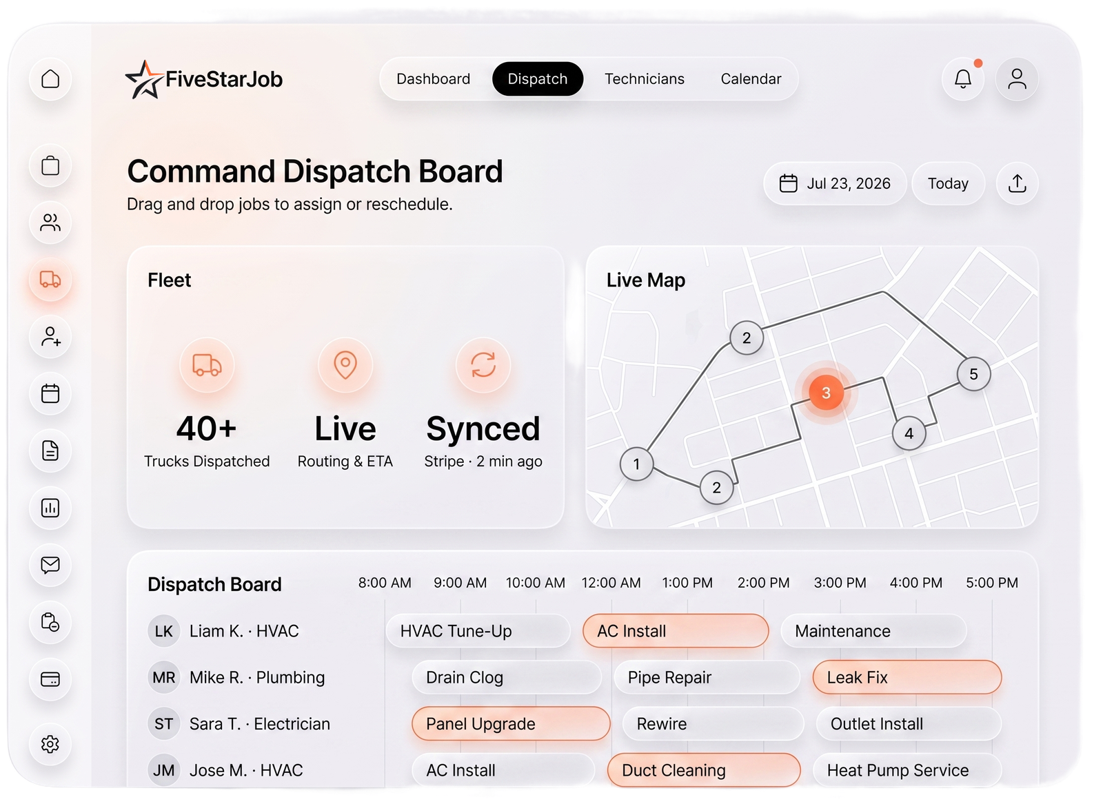 FiveStarJob Command Dispatch Board — drag-and-drop scheduling with live routing map and technician timelines
