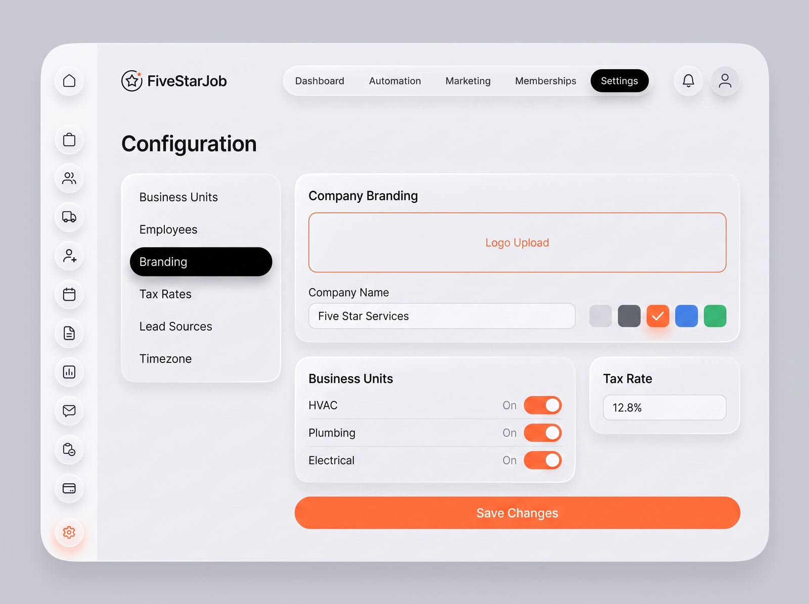 FiveStarJob Configuration screen — company branding, business units and tax rate settings