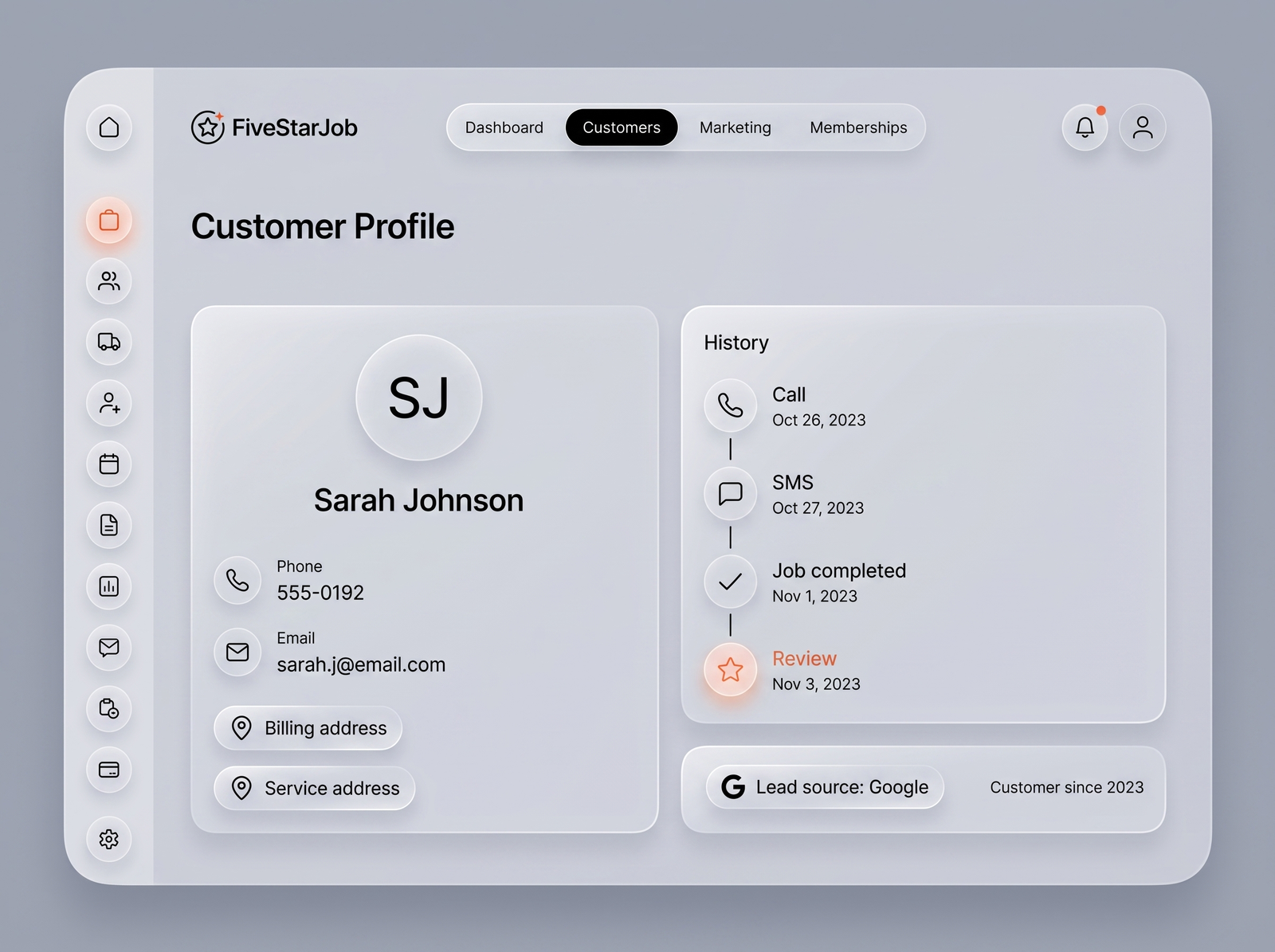 FiveStarJob Customer Profile screen — customer card with contact history timeline