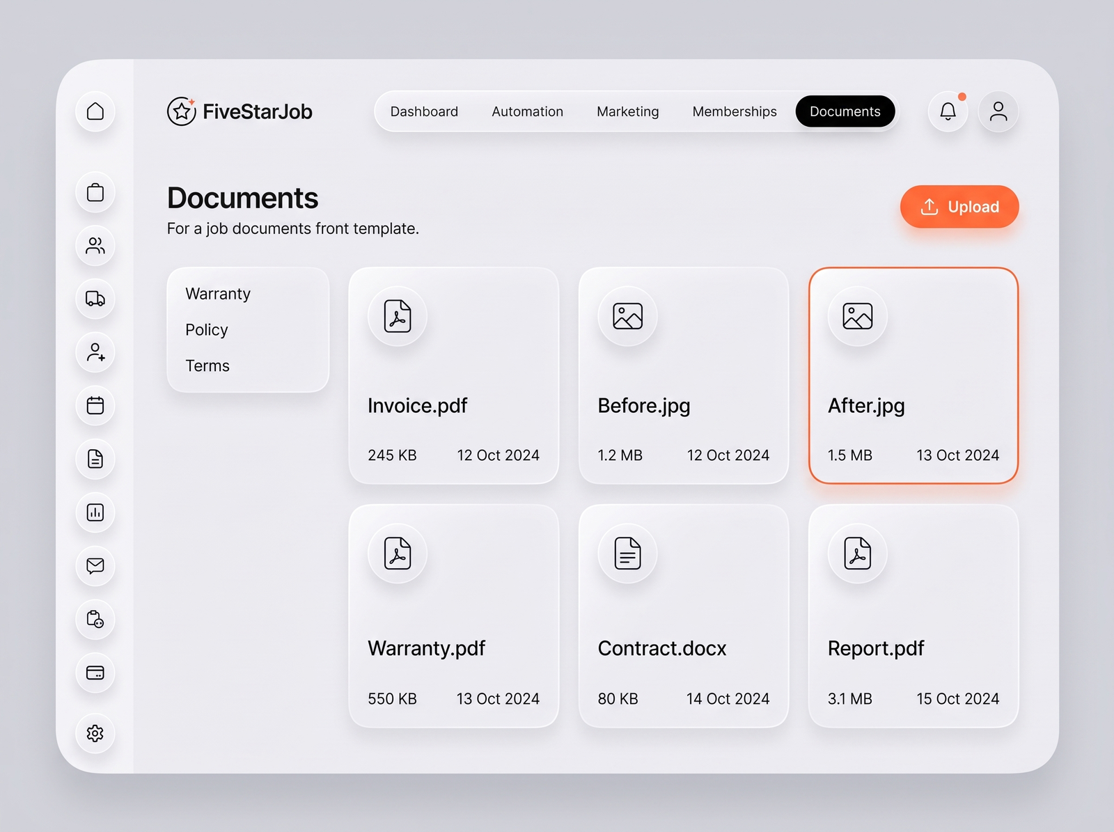 FiveStarJob Documents screen — file grid with PDFs, photos and document templates
