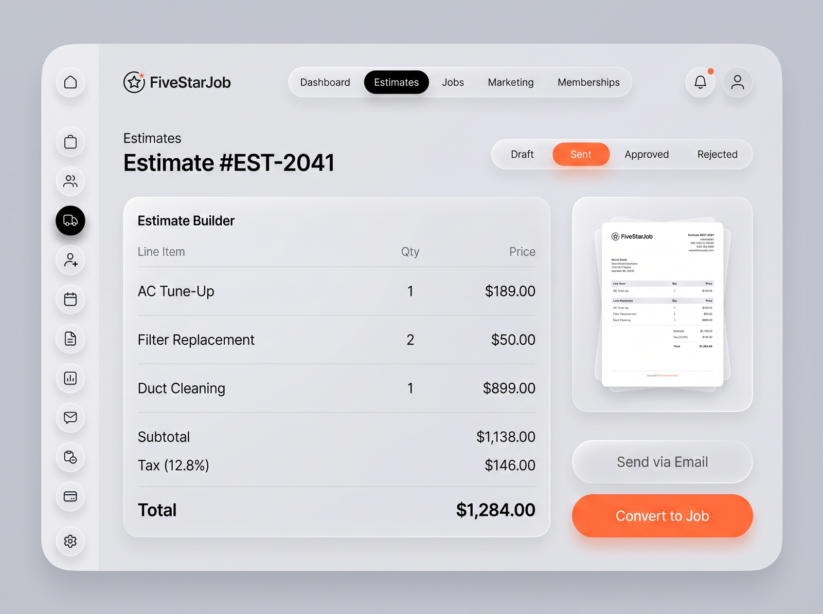 FiveStarJob Estimates screen — estimate builder with line items, PDF preview and convert to job
