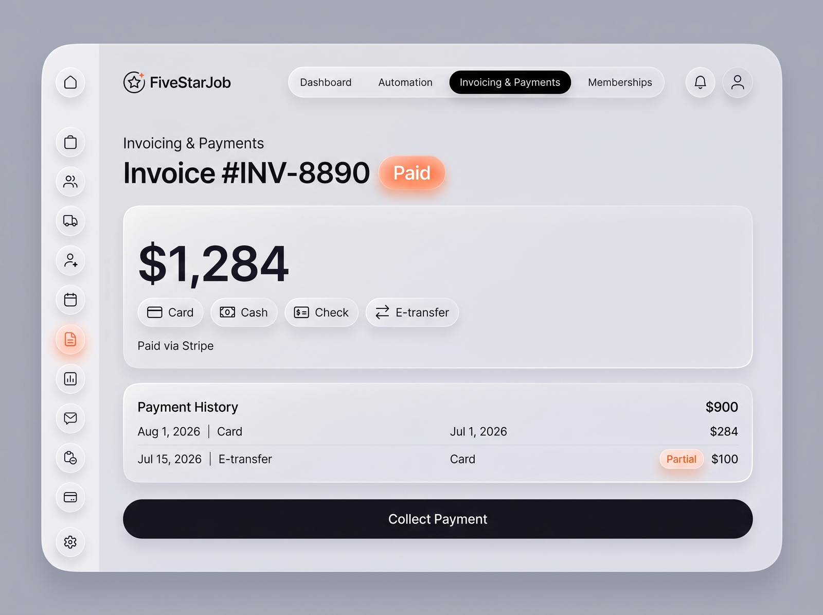 FiveStarJob Invoicing screen — invoice total, payment methods, payment history and collect payment