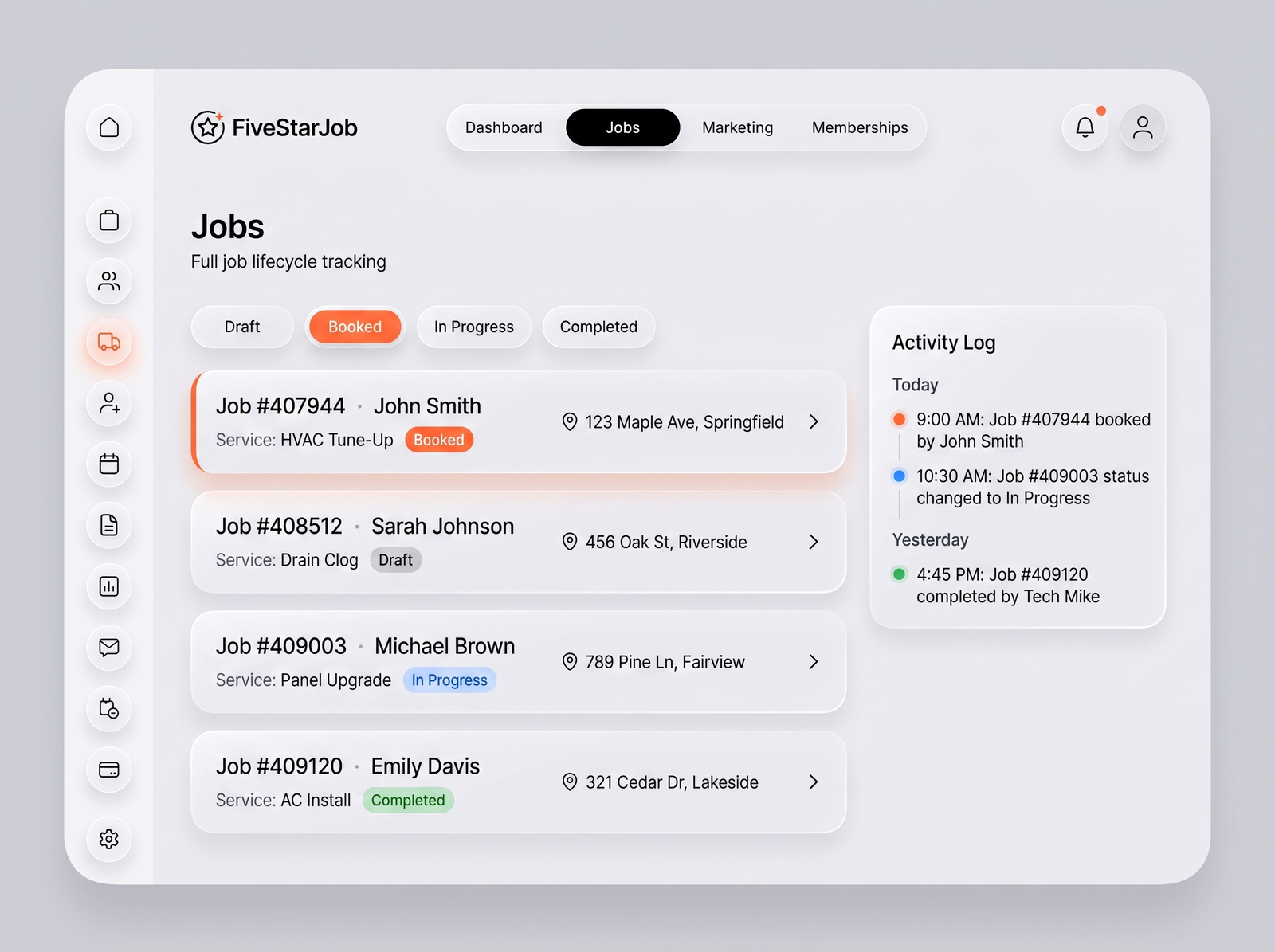 FiveStarJob Job Management screen — job list with status pipeline and activity log