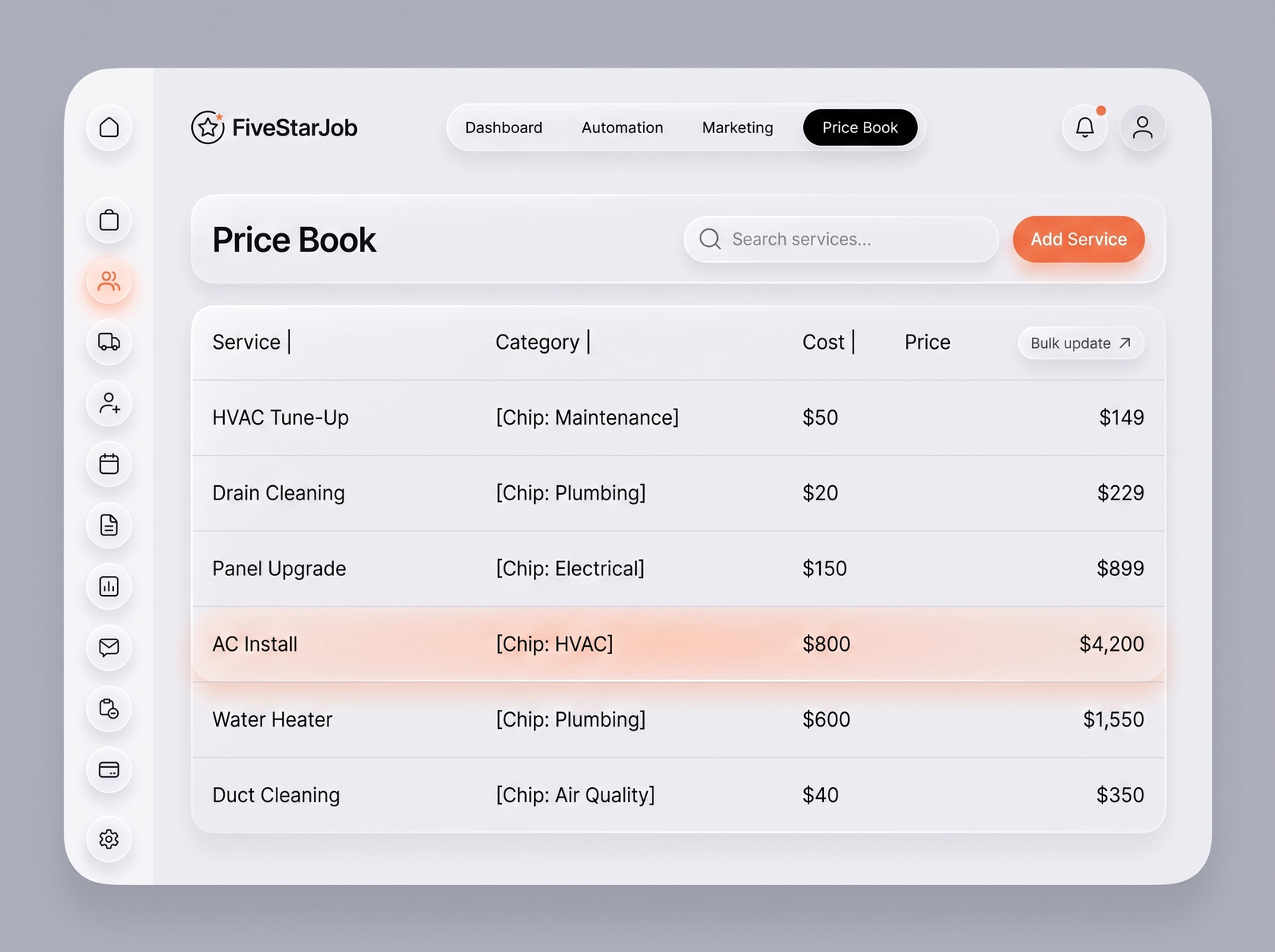 FiveStarJob Price Book screen — service catalog table with categories, costs and prices