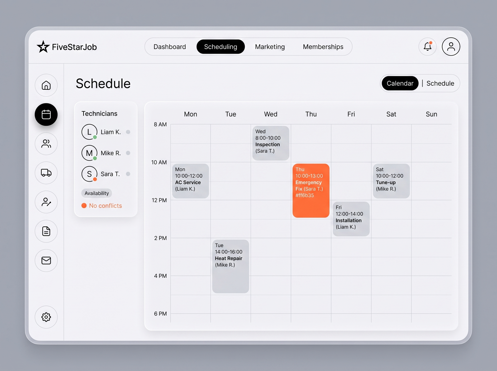 FiveStarJob Scheduling screen — weekly calendar with technician availability