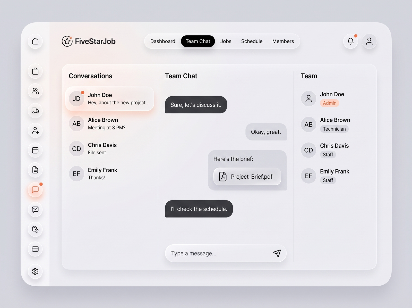 FiveStarJob Team Chat screen — conversation threads, messages and role-based team panel