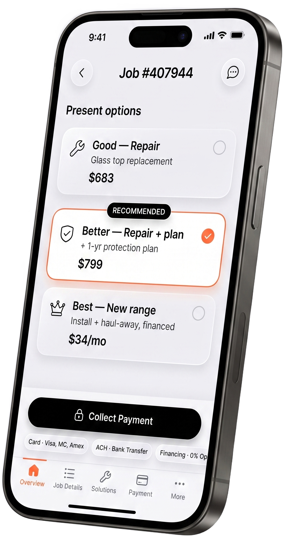 FiveStarJob field app on iPhone showing Good-Better-Best pricing options and tap-to-pay